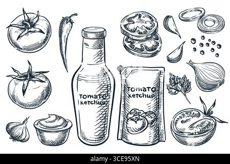 Ketchup di pomodoro nel recipiente, nella bottiglia e nella confezione con ingredienti speziati. Illustrazione dello schizzo disegnato a mano vettoriale. Elementi di design per ricette fatte in casa, cibo Illustrazione Vettoriale