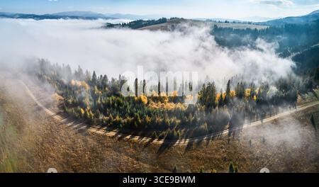 Paesaggio mozzafiato con fitte foreste e colline ondulate parzialmente avvolte da una nebbia morbida ed eterea. I vivaci colori autunnali degli alberi contrastano splendidamente con il cielo azzurro e le lontane vette delle montagne. Foto Stock