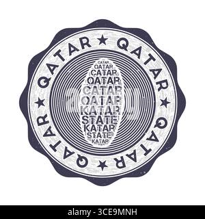 Sigillo del Qatar. Logo rotondo del paese con la forma del Qatar e il nome del paese in più lingue wordcloud. Emblema accattivante. Illustrazione vettoriale di tendenza. Illustrazione Vettoriale