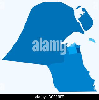 Mappa del Kuwait con le regioni. Solo una semplice mappa di confine con la divisione della regione. Tavolozza di colori azzurro. Illustrazione Vettoriale