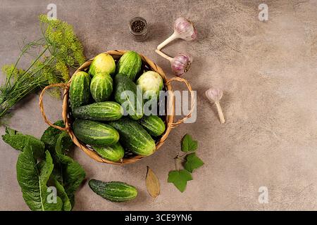 Cetrioli freschi in cesto, spezie, aglio e foglie su tavola di cemento, raccolta del villaggio, ricetta fatta in casa per il decapaggio, cetrioli e ingredienti per il decapaggio, Foto Stock