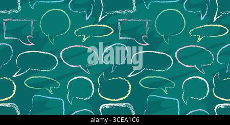 Caselle di testo a bolla con gesso scolastico motivo senza cuciture con texture pastello su lavagna verde in classe. Fumetti disegnati a mano. Illus vettoriale dell'istruzione Illustrazione Vettoriale