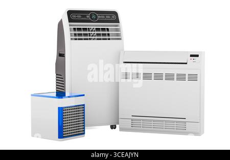 Set di dispositivi di raffreddamento ad aria. Da pavimento, condizionatore portatile e mini ventilatore a/C con USB. Rendering 3D isolato su sfondo bianco Foto Stock
