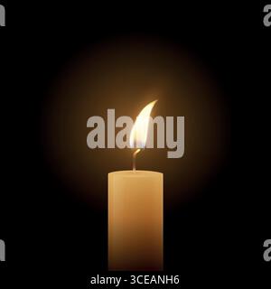 Clipart fiamma a candela vettoriale realistico su sfondo scuro. Candela a colonna in cera singola con luce calda soffusa e scintillante, illuminazione ambientale Illustrazione Vettoriale