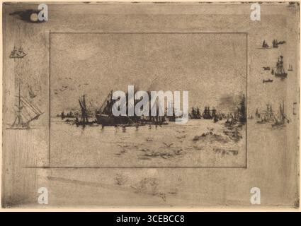 "Le Port aux Mouettes" (Porto con gabbiani), 1886, dell'artista francese Félix-Hilaire Buhot. Incisione che raffigura un porto affollato con navi a vela, navi a vapore e gabbiani in volo su acque calme, incorniciate da schizzi marittimi lungo il confine. Foto Stock