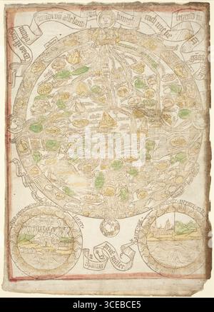 Mappa del mondo, 1480 circa, di Hans Sporer, artista tedesco. Questa mappa mundi del tardo medioevo raffigura una vista simbolica e religiosa del mondo conosciuto, orientata verso est in cima. La xilografia colorata a mano presenta continenti stilizzati, città, fiumi e scene bibliche, integrando la geografia con la cosmologia cristiana. Foto Stock
