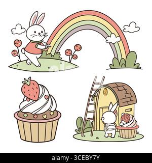 affascinante illustrazione vettoriale con un coniglietto, un arcobaleno e una deliziosa scena cupcake su una collina Illustrazione Vettoriale