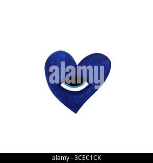 Illustrazione ad acquerello di un cuore blu brillante stilizzato con un occhio, su sfondo bianco. Il design combina colori vivaci e misticismo, Foto Stock