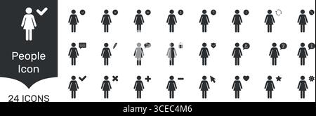 Set di icone Solid interfaccia utente femmina. Interazione utente, comunicazione e Gestione profili raccolta simboli silhouette. Simboli per la messaggistica Illustrazione Vettoriale