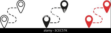 Linea percorso perno di posizione e insieme di icone continue. Navigazione, pianificazione del percorso e raccolta di simboli di sagoma e contorno di tracciamento GPS. Viaggiare e. Illustrazione Vettoriale