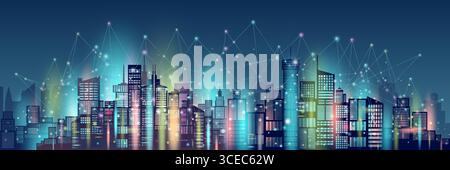 Tecnologia di comunicazione di rete wireless città intelligenti e tecnologia di rete nel grattacielo del centro su sfondo blu, moderna città intelligente e architetto Illustrazione Vettoriale