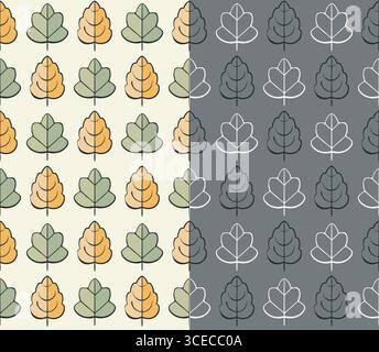 Autunno foglie senza cuciture SET di 2. Pennello a inchiostro disegnato a mano, design carino in stile cartoni animati. Foglie colorate autunnali, colore bianco/grigio Illustrazione Vettoriale