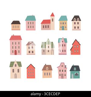 Serie di piccole case carine. Icone degli edifici dei cartoni animati. Piccola collezione casalinga in stile disegno a mano isolata su sfondo bianco. Design piatto. Illustrazione Vettoriale