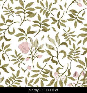 Motivo senza cuciture di elementi floreali disegnati a mano. Fiore rosa, foglie verdi, ramo. Illustrazione vettoriale decorazione botanica per carta nuziale, tessuto, AN Illustrazione Vettoriale
