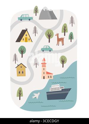 Carina mappa della città e mare per bambini. Poster vettoriale disegnato a mano. Illustrazione del bambino con strade cartoni animati, natura, campeggio, foresta, montagna e animali. Illustrazione Vettoriale