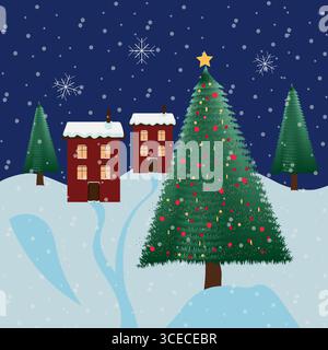 Concetto di albero di Natale vicino alle case, inverno, vacanze, notte, neve Illustrazione Vettoriale