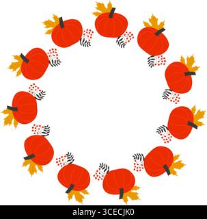 Foglie d'acero autunnale e corona di zucca. Modello con cornice circolare per biglietti di auguri o inviti per il mercato agricolo. Illustrazione piatta e accogliente. Illustrazione Vettoriale