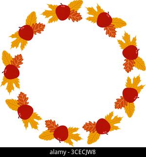 Corona di mele rosse autunnali, acero e foglie di quercia. Modello cornice circolare per biglietti d'auguri o stampe. Illustrazione piatta e accogliente. Illustrazione Vettoriale