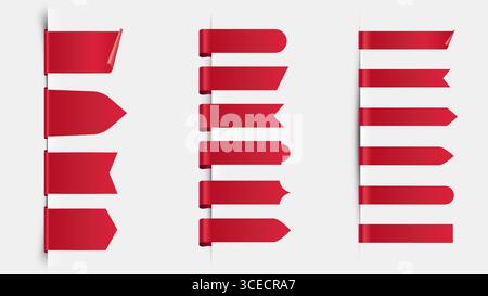Tag barra multifunzione segnalibro. Realistici rotoli rossi satinati badge striscioni, qualità premium e sconti offrono adesivi elementi di design. Segnalibri vettoriali Illustrazione Vettoriale