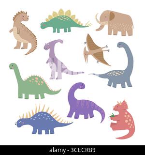 Serie di illustrazioni vettoriali di dinosauri cartoni animati . Collezione di lucertola preistorica isolata su sfondo bianco. Simpatici personaggi disegnati a mano rettili Illustrazione Vettoriale