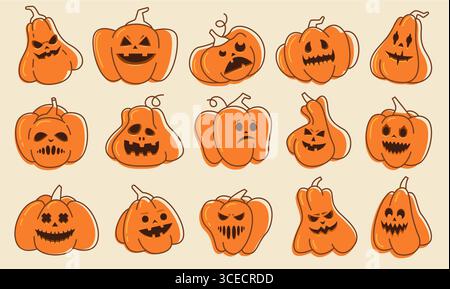 Halloween doodle facce. Lanterne di zucca spaventose a cartoni animati con volti spaventosi, simpatici divertenti e spaventosi personaggi tradizionali di zucche di halloween. Vacanze vettoriali Illustrazione Vettoriale