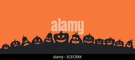 Striscione senza cuciture per zucca di Halloween. Cartoni animati che ritagliano volti spaventosi sulle silhouette nere delle jack-o-lanterne di Halloween, volti scolpiti dalle espressioni spaventose in vacanza Illustrazione Vettoriale