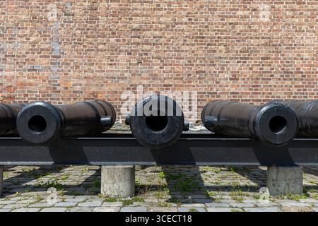 Vecchi cannoni allineati fuori dalla fortezza di Akershus a Oslo, Norvegia Foto Stock