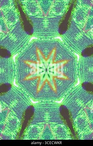 Un'accattivante immagine caleidoscopica con sfumature verde neon e arancione che formano intricati motivi geometrici. Il design luminoso evoca il futuristico e. Foto Stock