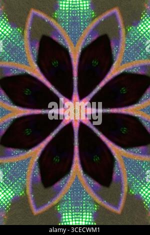 Un'immagine astratta ipnotica con motivo caleidoscopico dai colori brillanti al neon e design simmetrico. Le forme d'arte digitali creano una psichedel Foto Stock