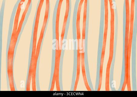 Arte astratta con linee ondulate arancioni e blu su sfondo beige. Il design disegnato a mano incarna un'astrazione giocosa con un tocco rétro e organico Foto Stock