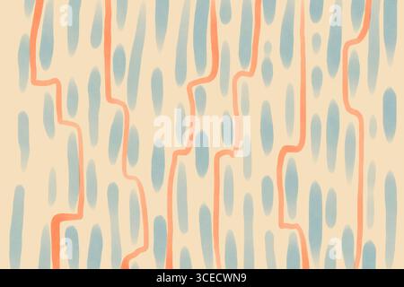 Un accattivante design astratto caratterizzato da forme blu allungate e linee rosse ondulate su un morbido sfondo beige. Il motivo organico trasuda una a minimalista Foto Stock