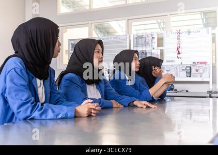Quattro studenti musulmani asiatici in una classe, impegnati in una lezione sulla tecnologia moderna. Indossano hijab neri e uniformi blu, indicando una Foto Stock
