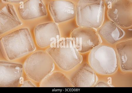 Immagine ravvicinata di un bicchiere riempito di caffè freddo ghiacciato, che mette in evidenza i cubetti di ghiaccio trasparenti circondati da un ricco caffè marrone, creando un rinfrescante Foto Stock