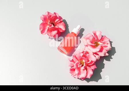 Vista dall'alto di una bottiglia per siero color rosa circondata da rose rosa vivaci, su uno sfondo bianco liscio. La composizione irradia eleganza e. Foto Stock