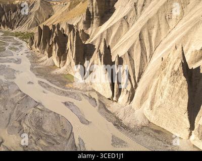 Scogliere aspre e ripide si innalzano drammaticamente dal suolo, modellate nel tempo dall'erosione naturale nella Spiti Valley, in India. Un fiume serpeggiante completa tutto questo Foto Stock