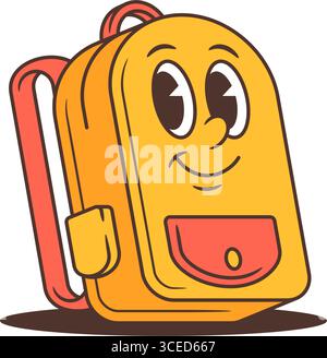 Mascotte a zaino giallo brillante con occhi larghi, sorriso allegro e divertente stile cartoni animati retrò. Ideale per divertenti temi educativi, ritorno a scuola Illustrazione Vettoriale