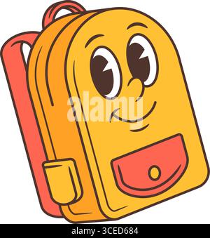 Mascotte retro a zaino per la scuola dei cartoni animati con occhi allegri, viso sorridente e tasca colorata in corallo. Ideale per temi educativi, design adatti ai bambini, Illustrazione Vettoriale
