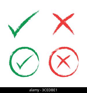 Set di icone con croce disegnata a mano e segno di spunta Illustrazione Vettoriale
