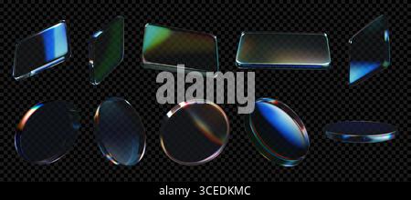 Forma in vetro morfismo. Effetto riquadro trasparente 3D. Texture lucida. Riflesso iridescente. Angolo di visualizzazione a prisma o cubo. Riquadro UI. Pulsante olografico a cristalli. Quadrato o cerchio in plexiglass. Set di elementi vettoriali Illustrazione Vettoriale