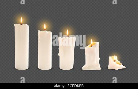 candela 3d. Bianco memoriale a lume di candela. Realistica luce di cera o fuoco. Fasi di combustione. Sciogliere i bastoncini con gocce di cera d'api. Decorazioni luminose in paraffina su sfondo trasparente. Set di oggetti luce vettoriale Illustrazione Vettoriale