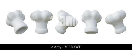 cappello chef 3d. Icona del cibo da cucina, tazza per la testa di panettiera del ristorante a fumetti o toque realistica. Accessori per utensili da cucina bianchi, diversi tipi di vista laterale. Rappresentazione vettoriale di un'illustrazione isolata lucida Illustrazione Vettoriale