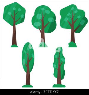 Giardino verde. Un insieme vettoriale di cespugli di vegetazione, erba e alberi. Icona cartoni animati per decorare un parco paesaggistico, un cortile o una foresta Illustrazione Vettoriale