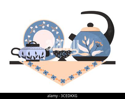Composizione del bollitore sul ripiano. Ceramiche e ceramiche. Tazza e piatto carini. Design di utensili. Stoviglie da tè, stoviglie decorative. Decorazioni accoglienti sugli utensili da cucina. Illustrazione in stile piatto del cartone animato vettoriale Illustrazione Vettoriale