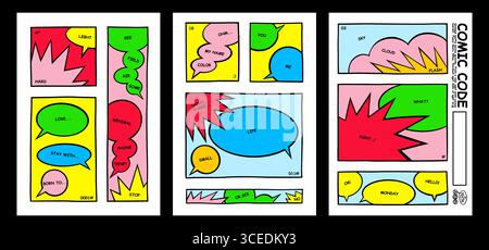 Fumetti. Forma del discorso nel poster o nell'adesivo. Layout conversazione chat. Copertina moderna disegnata a mano. Bordi della finestra di dialogo. Pensare al cloud. Design pop art. Frame comunicazione vuoto. Serie di pagine manga vettoriali Illustrazione Vettoriale