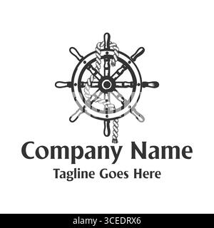 Volante con pendente per imbarcazioni vintage retro con fune per illustrazione con logo nautico Illustrazione Vettoriale