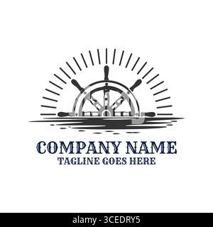 Volante con pendente per imbarcazioni Sunset Horizon per l'illustrazione del logo nautico Illustrazione Vettoriale