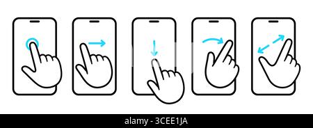 Icone dei gesti delle dita dello smartphone sullo schermo a sfioramento. Tocca, scorri, scorri, trascina, avvicina le dita per ingrandire. Set di illustrazioni vettoriali disegnate a mano. Illustrazione Vettoriale