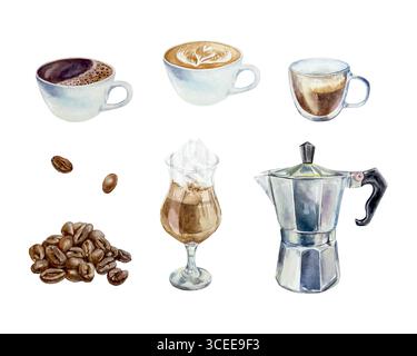 Tazza di caffè nero, espresso, cappuccino, latte, chicchi di caffè tostati e macchina per caffè geyser. Acquerello disegnato a mano. Clip art vettoriale per menu, banne Illustrazione Vettoriale
