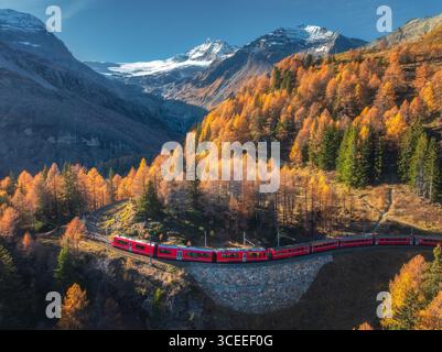 Vista aerea del treno rosso che passa attraverso la colorata foresta autunnale Foto Stock