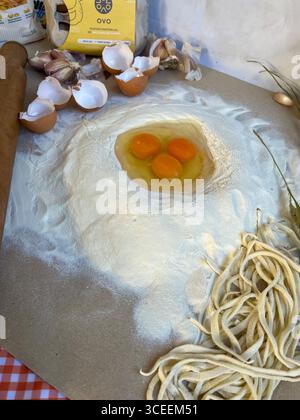 Nidi di pasta appena fatti con tuorli d'uovo appoggiati su un pannello di legno infarinato, pronti per la cottura. Foto Stock